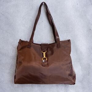 Vintage Y2K Diane von Furstenberg Brown Nylon Faux Croc Trim Tote Bag
